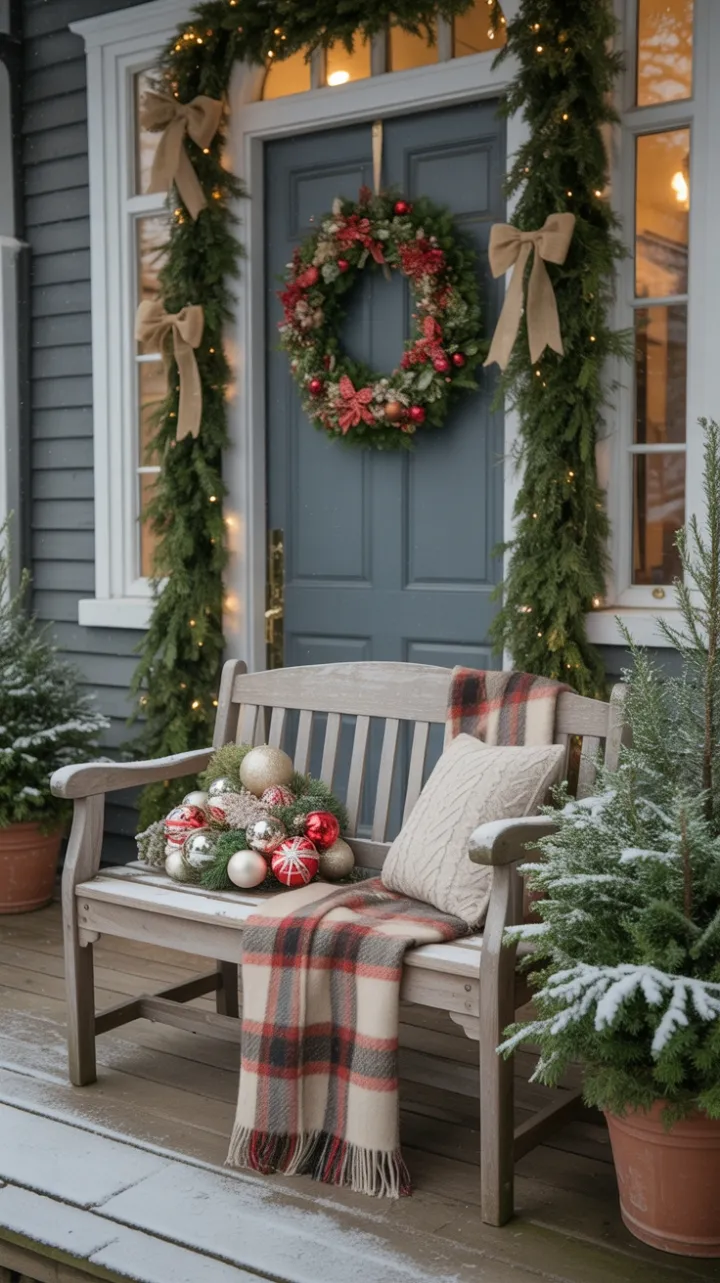 Cozy Snow-Kissed Porch with Plaid Bench and Evergreen Wreath