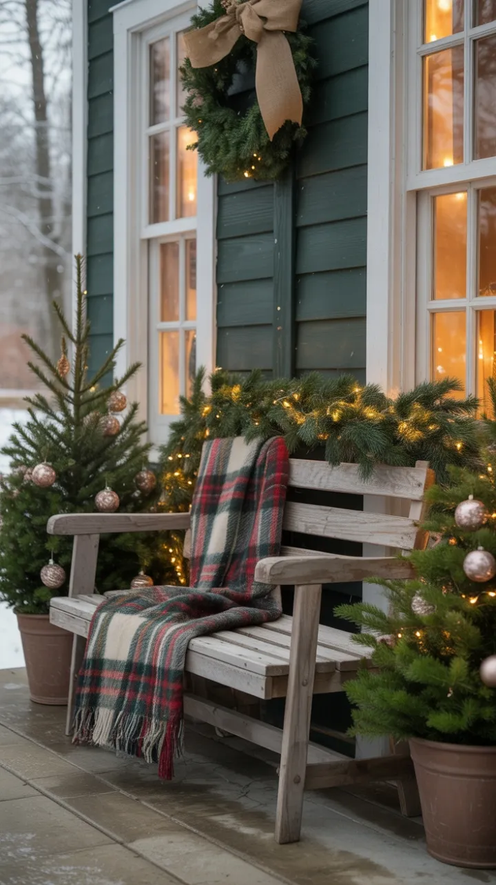 Snow-Kissed Rustic Porch Wrapped in Golden Christmas Light