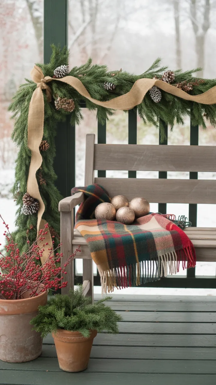 Cozy Snow-Kissed Christmas Porch with Plaid Bench and Evergreen Garland