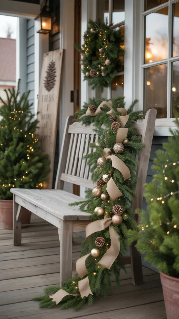 A Garland-Draped Bench and Twinkling Evergreens Welcome the Holidays