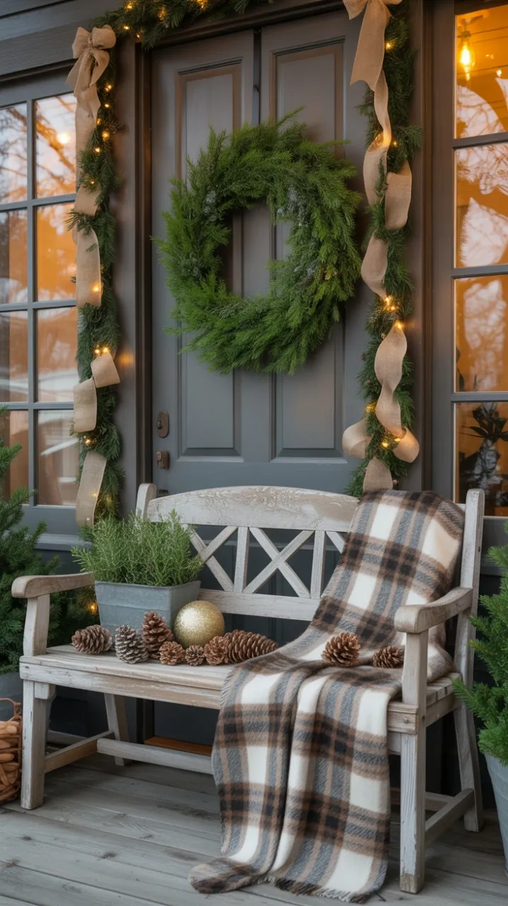 Warm Rustic Christmas Porch Wrapped in Plaid Pine and Gold