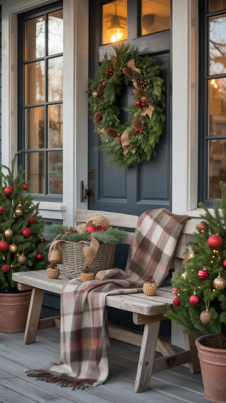 Cozy Rustic Christmas Porch with Plaid Bench and Evergreen Cheer