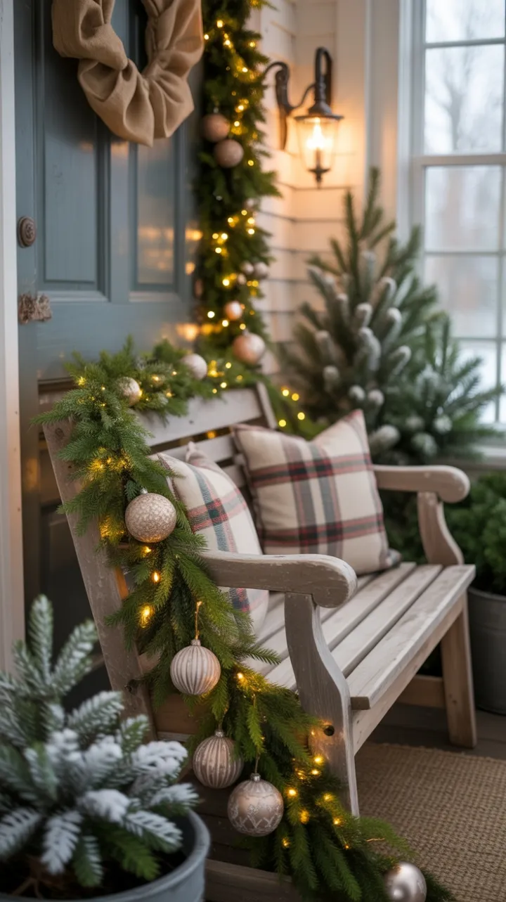 Garland-Lit Rustic Bench on a Cozy Snow-Kissed Christmas Porch