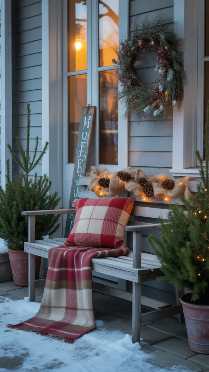 Plaid Blanket and Pinecone Glow on a Snowy Porch