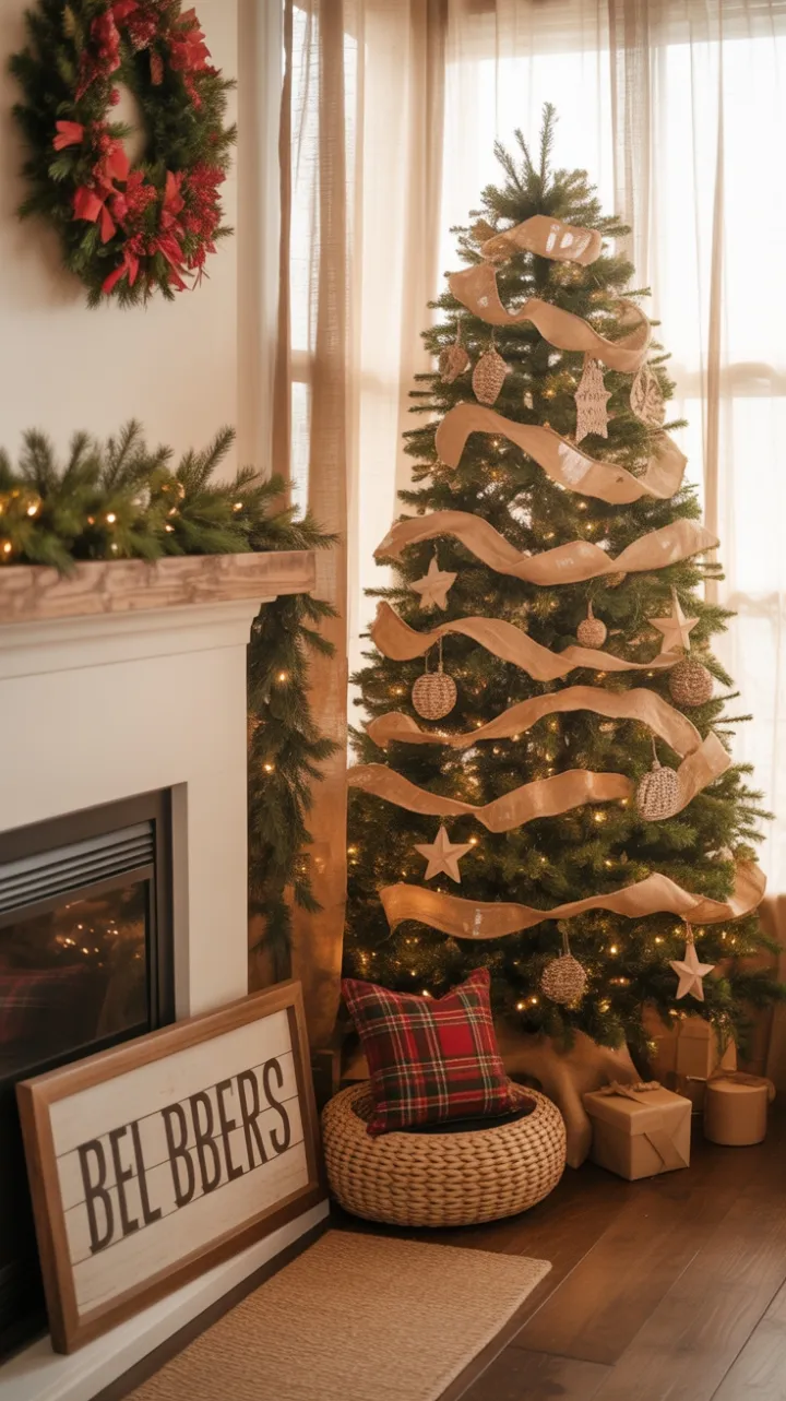 Cozy Rustic Christmas Nook with Burlap, Wood, and Warm Lights