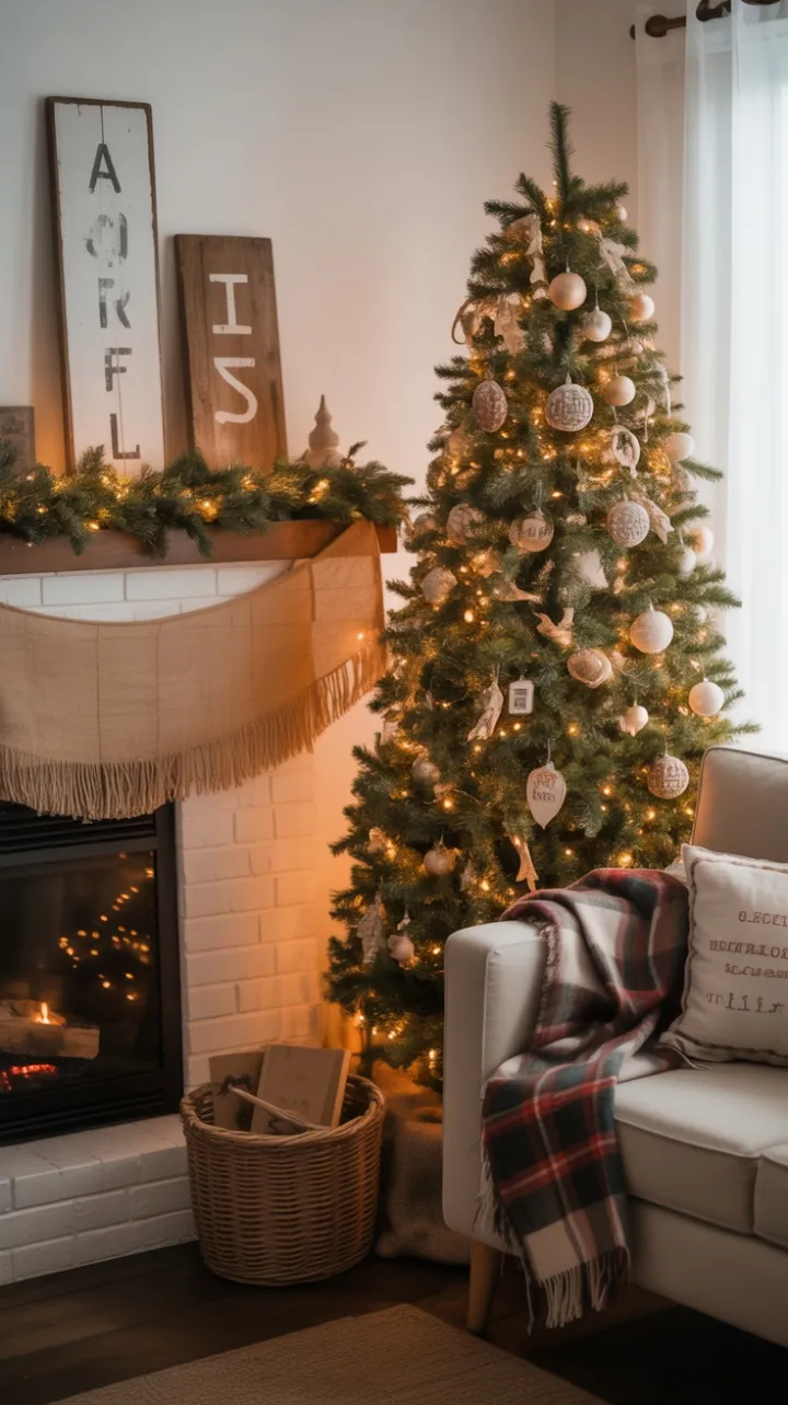 Cozy Rustic Christmas Living Room Bathed in Fireplace Glow