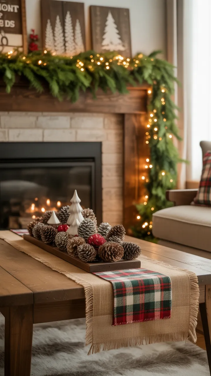 Twinkling Evergreen and Burlap Warmth in a Rustic Christmas Living Room