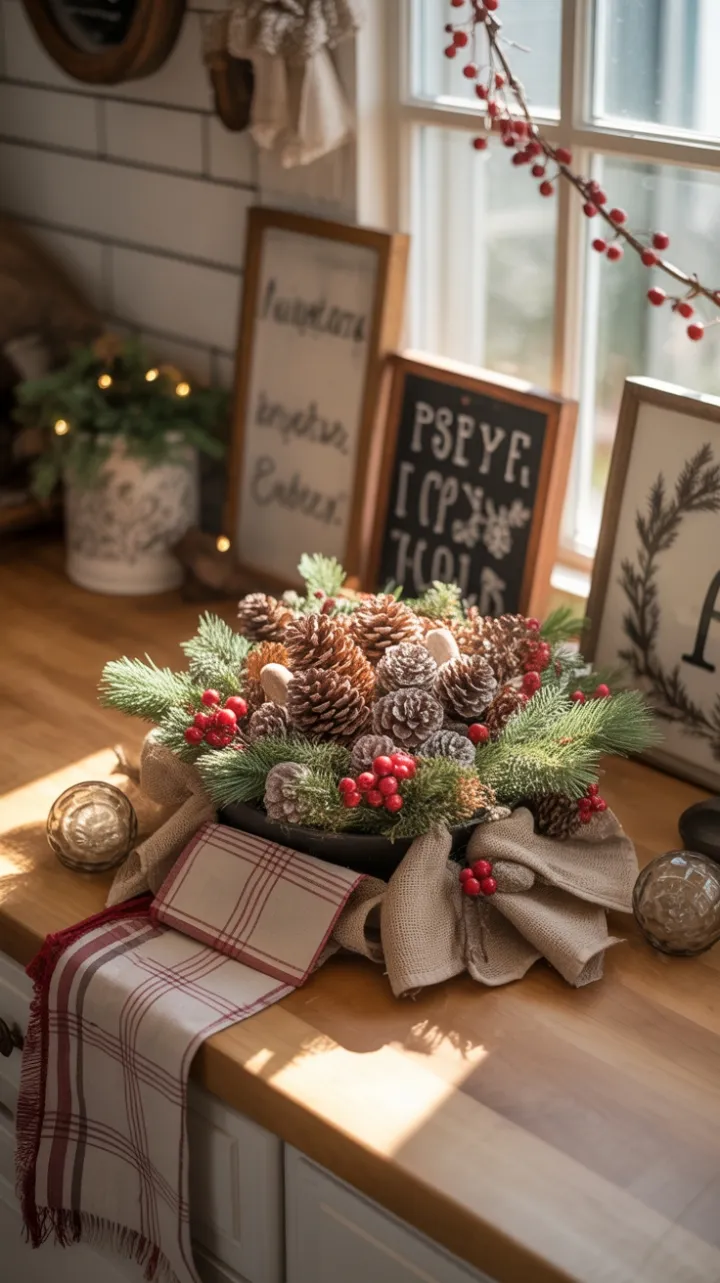 Cozy Sunlit Kitchen Dressed in Pinecones Cranberries and Vintage Holiday Charm