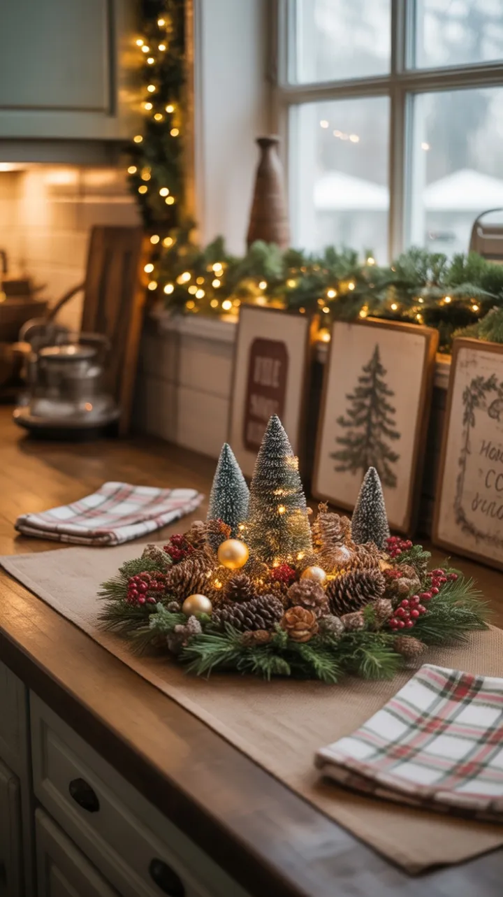 Warm Burlap and Pinecones in a Cozy Rustic Christmas Kitchen