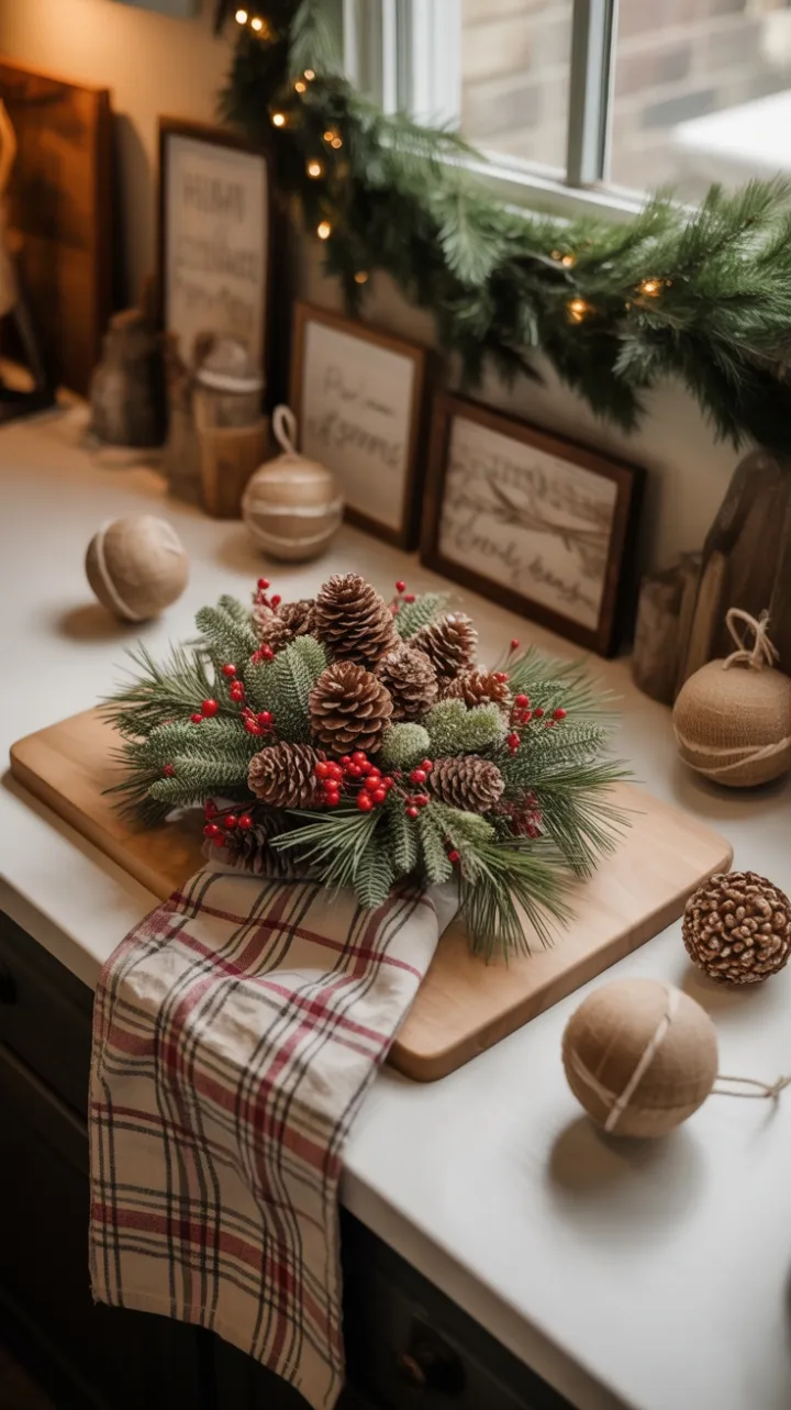 Warm Rustic Christmas Countertop with Pinecone and Plaid Centerpiece