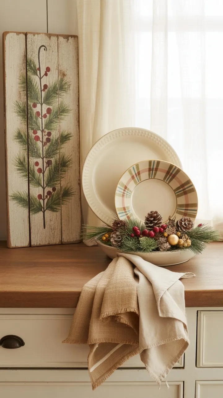 Cozy Rustic Christmas Kitchen Dressed in Plaid Pine, Burlap, and Warm Light