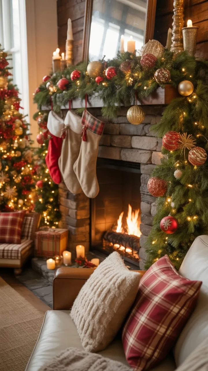 Cozy Rustic Christmas Hearth Bathed in Warm Firelight