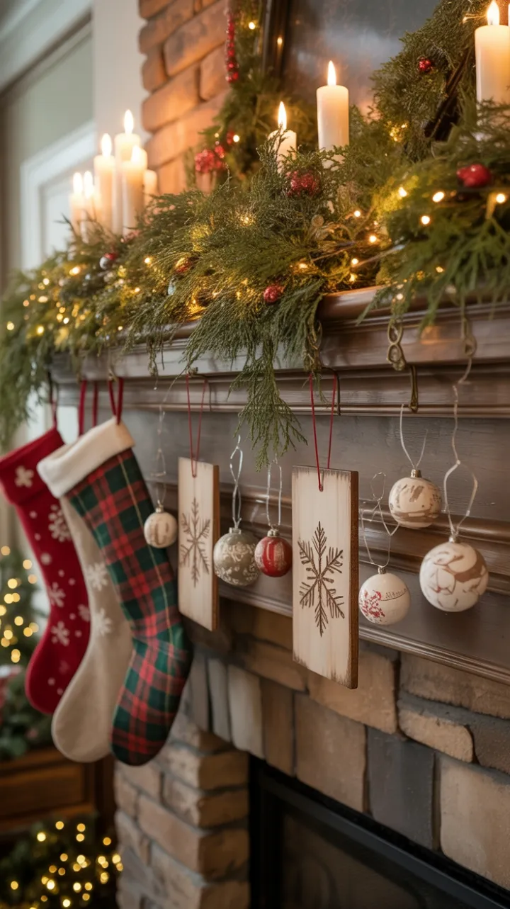 Twinkling Garland and Plaid Stockings on a Cozy Rustic Mantel