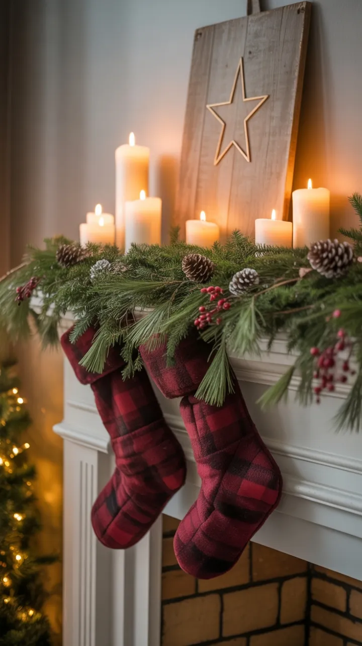 Cozy Rustic Christmas Mantel Draped in Pine, Plaid, and Candlelight