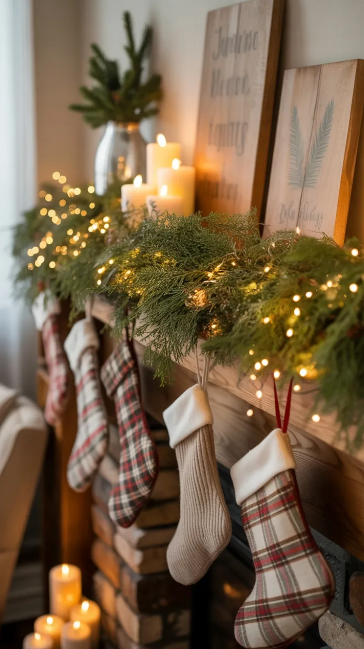 Candlelit Rustic Mantel Wreathed in Pine and Plaid