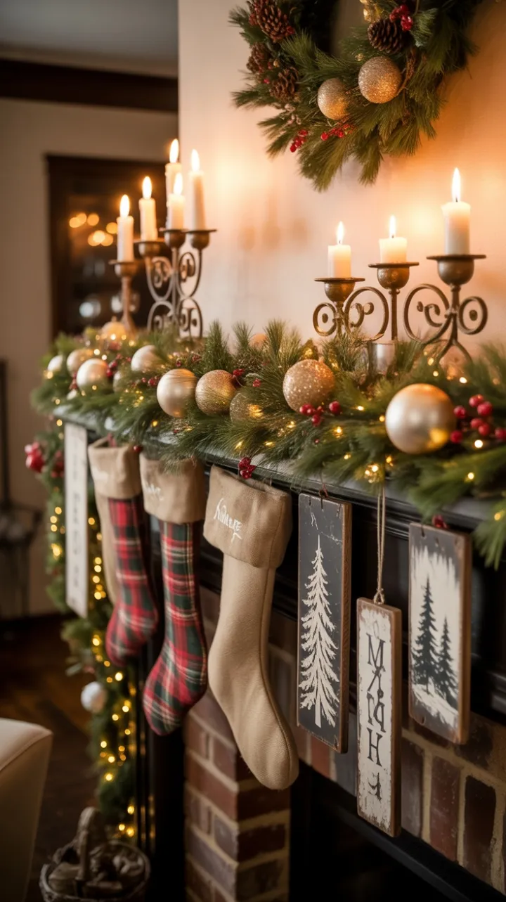 Warm Rustic Christmas Mantel Draped in Pine Berries and Antique Gold