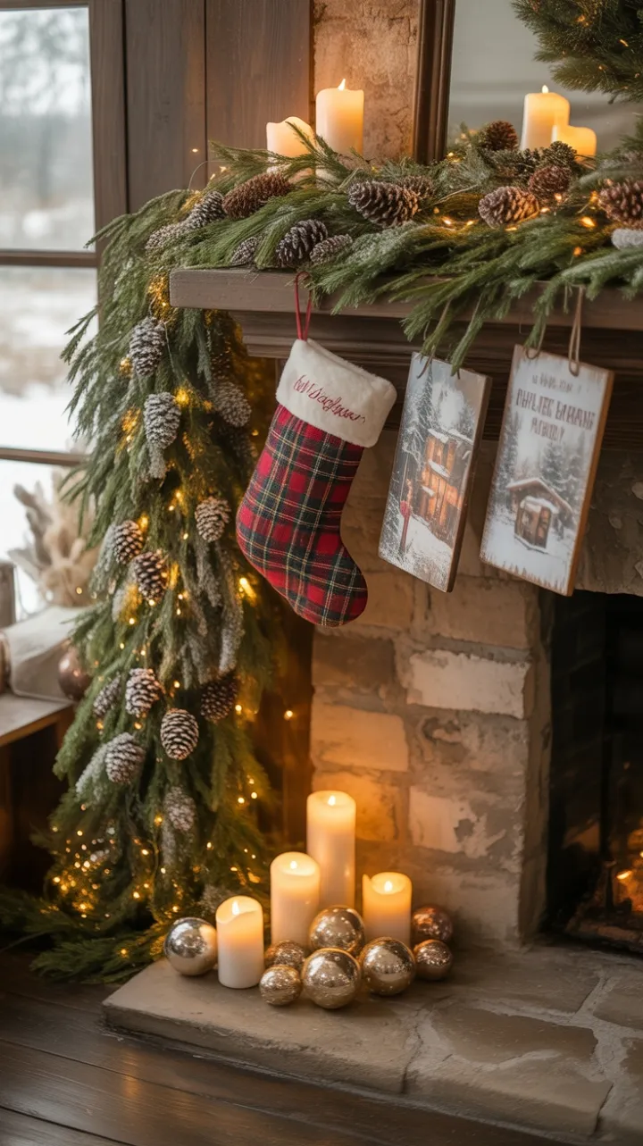 Frosted Pines and Candlelit Warmth on a Rustic Christmas Mantel