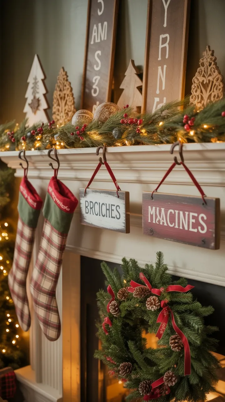 Warm Rustic Christmas Mantel Adorned with Pine Berries and Twinkling Lights