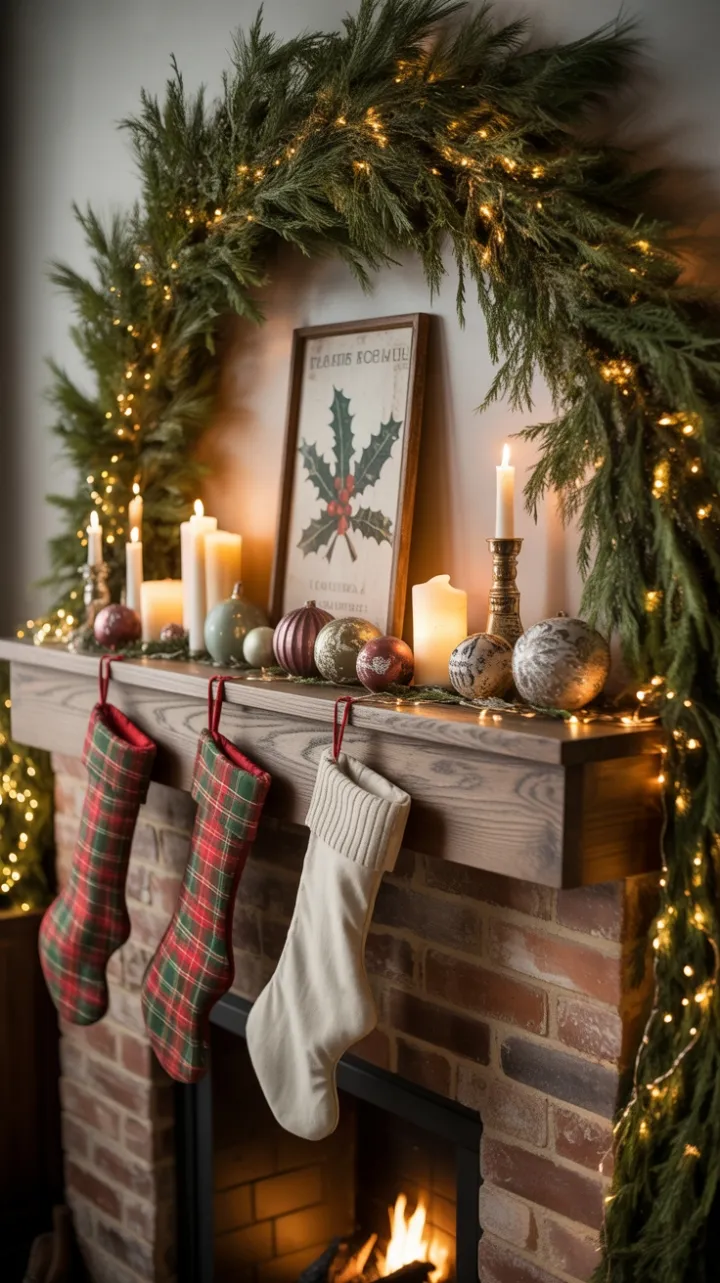 Cozy Rustic Christmas Mantel Wrapped in Garland and Candlelight