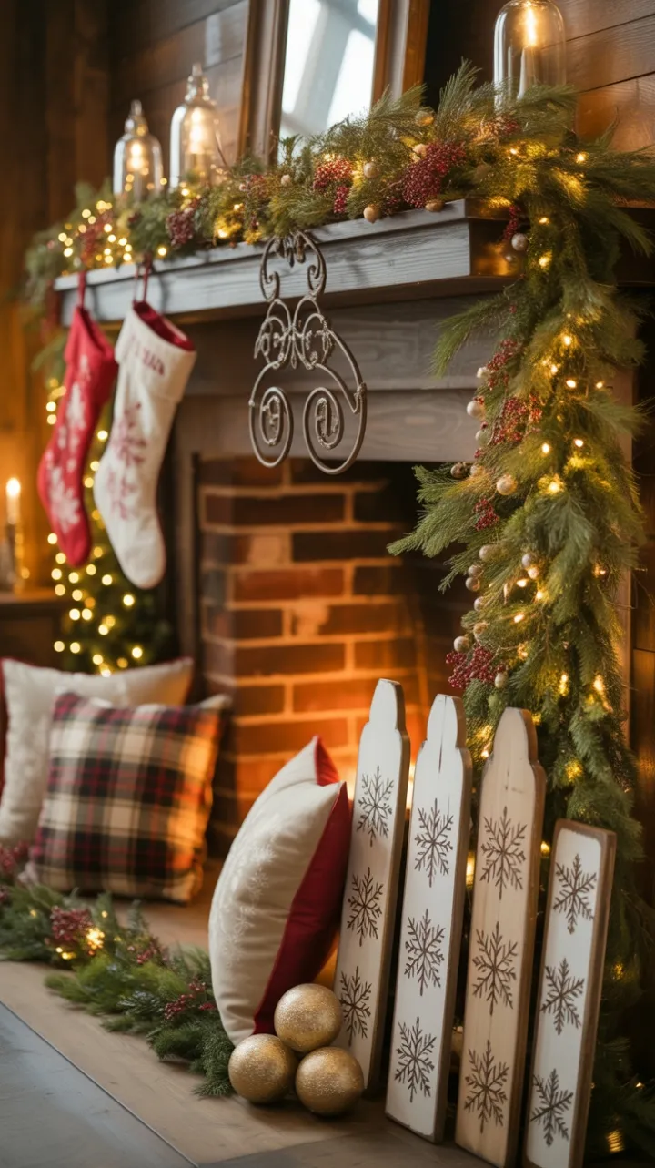 Cozy Rustic Christmas Mantel Draped in Pine, Plaid, and Twinkling Gold
