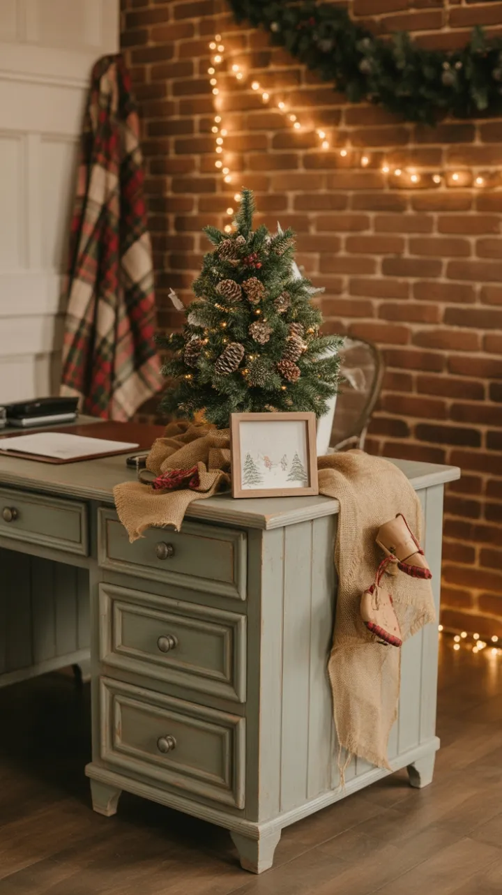 Cozy Rustic Office Bathed in Christmas Glow
