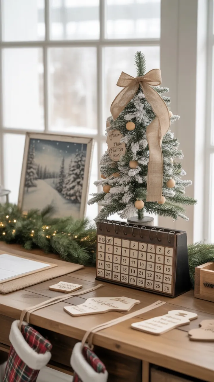 Cozy Rustic Christmas Desk with Flocked Tree and Vintage Charm
