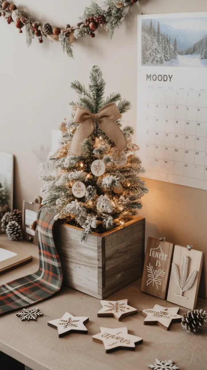 Cozy Rustic Christmas Desk with Flocked Tree and Pinecone Garland