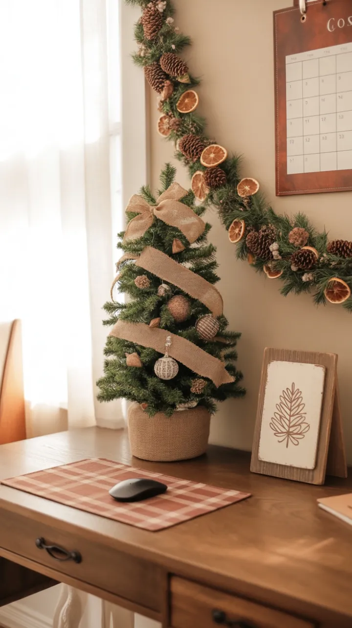 Cozy Rustic Christmas Desk Bathed in Warm Light