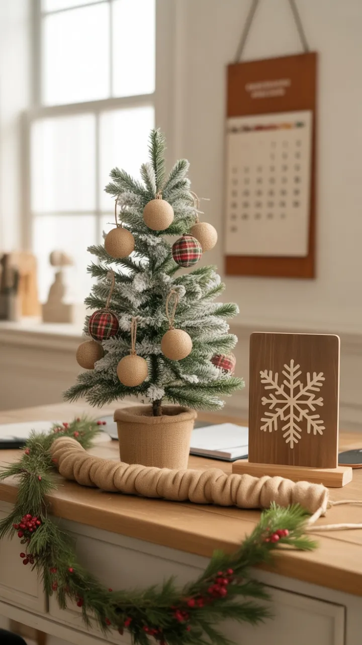 Cozy Rustic Desk Adorned with Flocked Pine and Burlap Ornaments