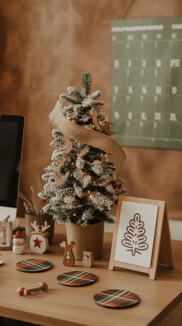 Warm Rustic Christmas Desk with Flocked Tree and Charming Ornaments