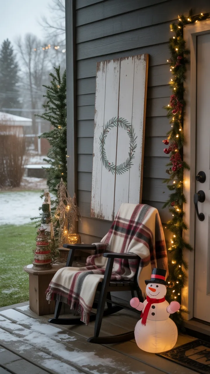 Snow-Dusted Porch Brimming with Rustic Holiday Charm
