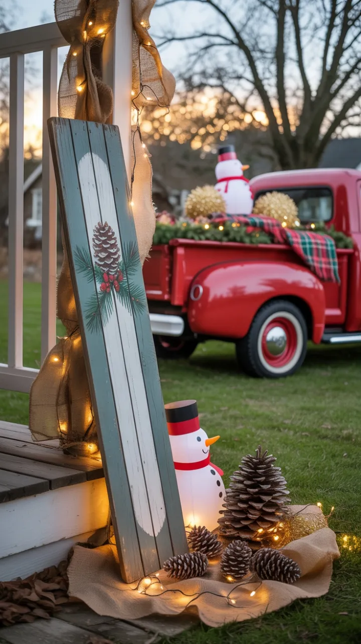 Cozy Sunlit Christmas Porch with Vintage Red Truck and Twinkling Lights