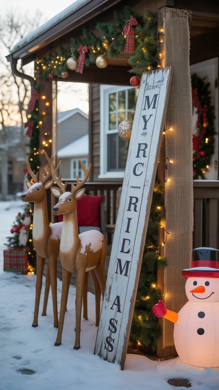Snow-Kissed Rustic Porch Gleams with Twinkling Lights and Holiday Cheer