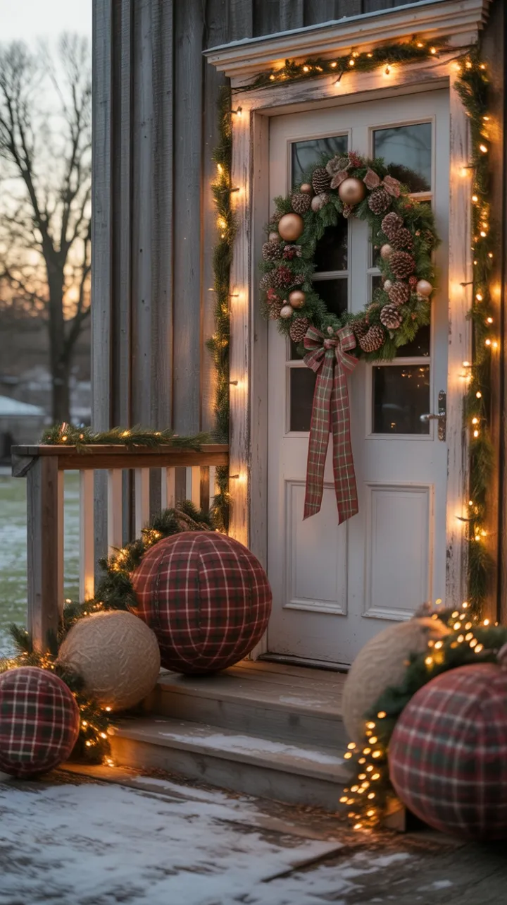 Warm Lights and Burlap Wreaths on a Snow-Dusted Rustic Porch