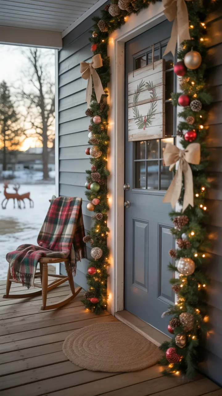 Snow-Kissed Farmhouse Porch Wrapped in Warm Holiday Glow