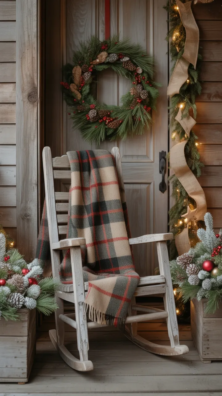 Plaid-Draped Rocking Chair on a Cozy Rustic Christmas Porch