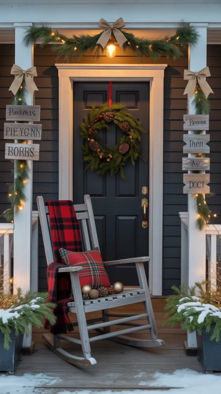 Dusk-Kissed Holiday Porch Wrapped in Plaid and Pine