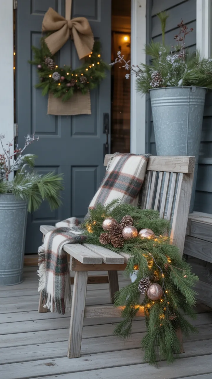 Golden-Hued Rustic Christmas Porch Wrapped in Pine and Plaid