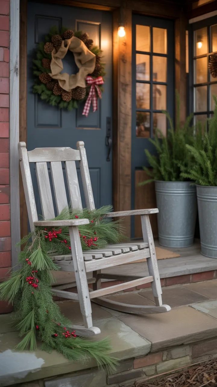 Cozy Rustic Christmas Porch with Burlap Wreath and Rocking Chair