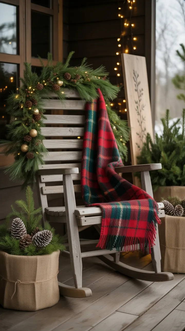 Cozy Rustic Christmas Porch with Plaid Blanket and Twinkling Garland