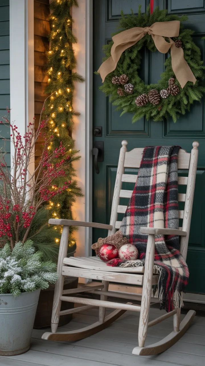 A Rustic Christmas Welcome with Plaid, Pinecones, and Golden Light