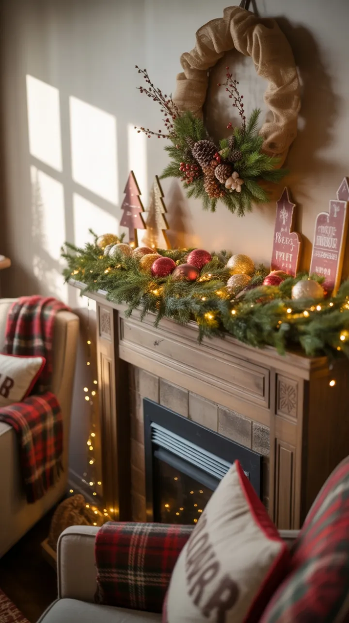 Cozy Rustic Christmas Hearth with Burlap Wreath and Plaid Throws