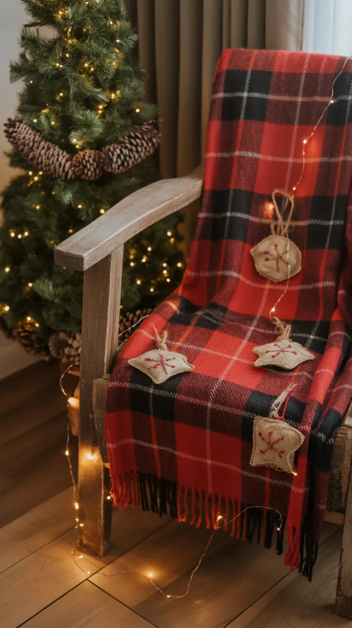 Warm Rustic Christmas Nook with Plaid Throws and Twinkling Lights
