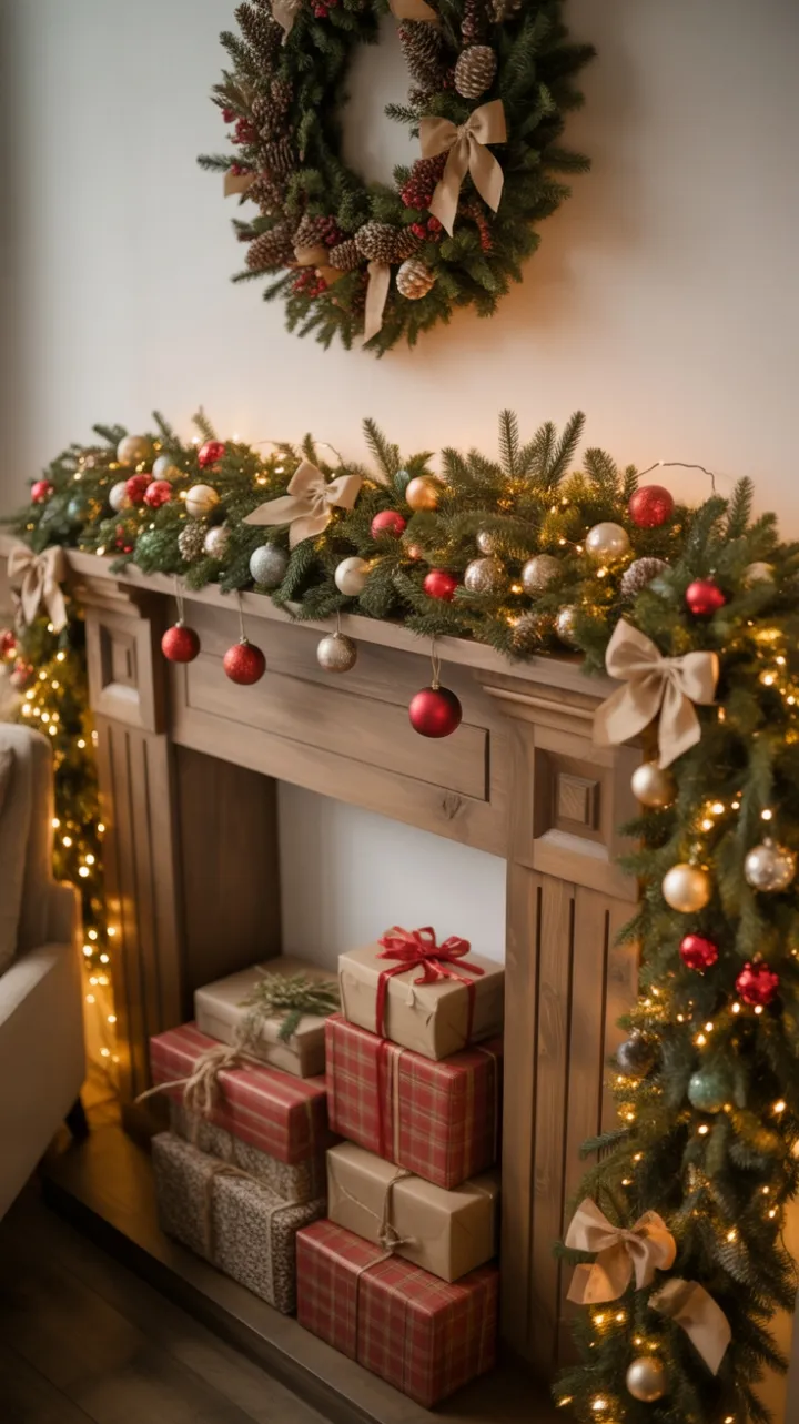 Cozy Rustic Mantel Bathed in Christmas Glow