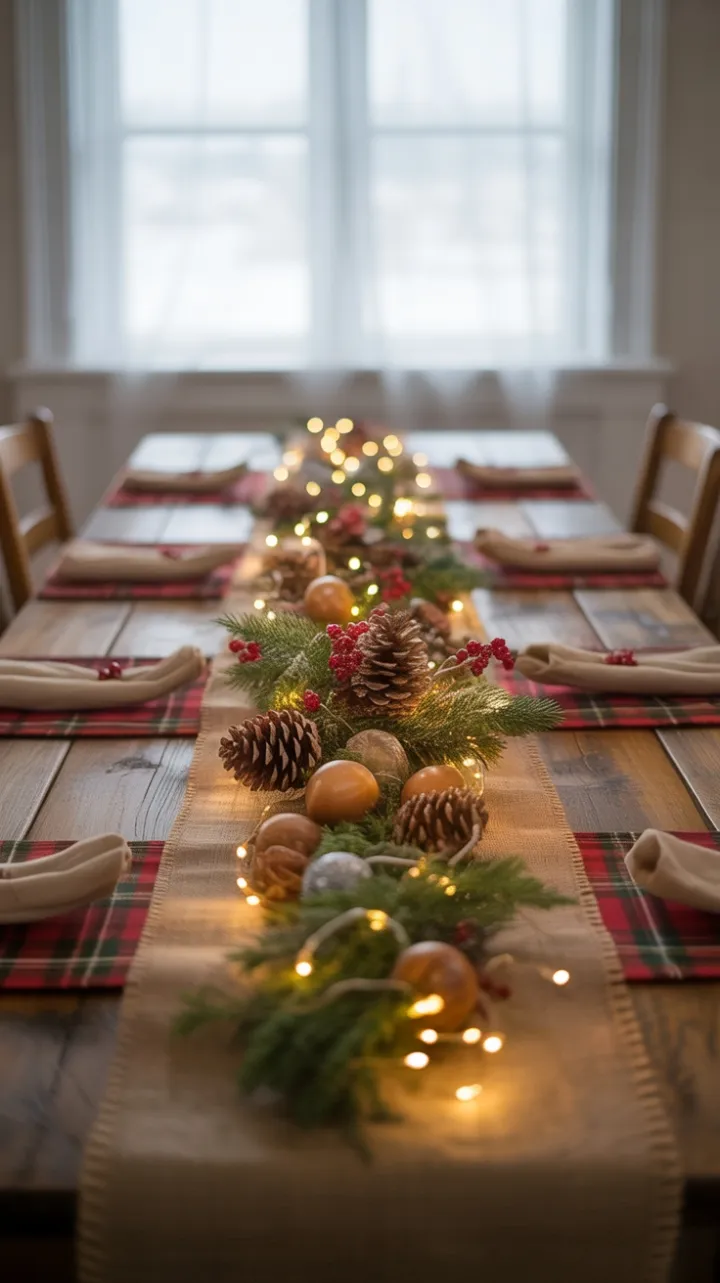 Cozy Rustic Christmas Table Dressed in Pinecones and Fairy Lights