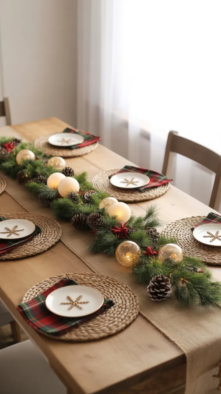 Sunlit Rustic Christmas Centerpiece with Burlap Plaid and Pine