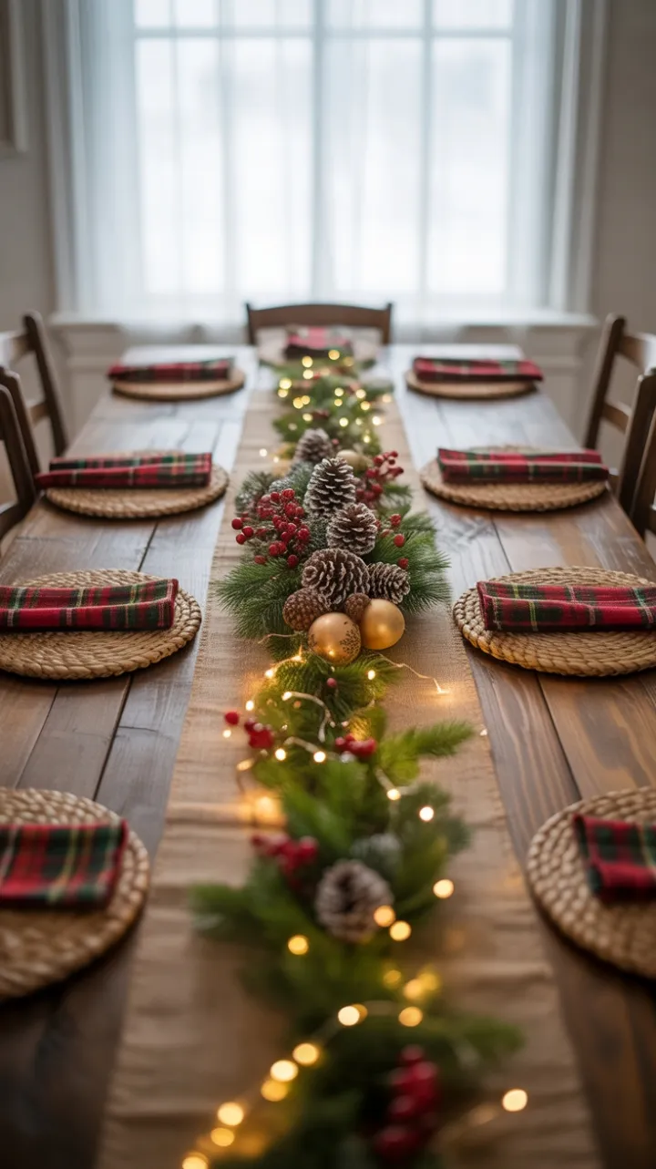 Cozy Rustic Christmas Table Bathed in Twinkling Evergreen Light