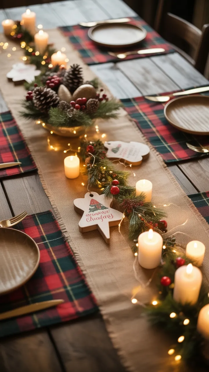 Cozy Rustic Christmas Table with Burlap, Pinecones and Twinkling Lights