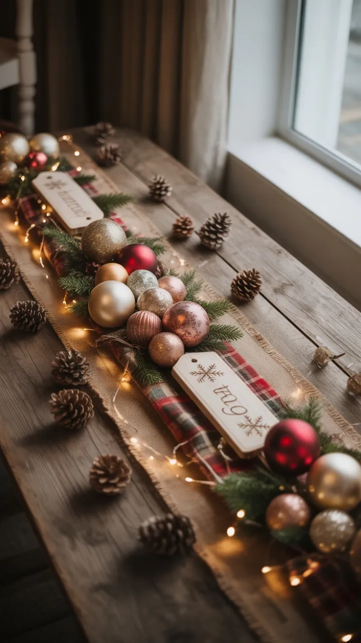 Warm Rustic Christmas Table with Burlap, Pinecones, and Antique Ornaments
