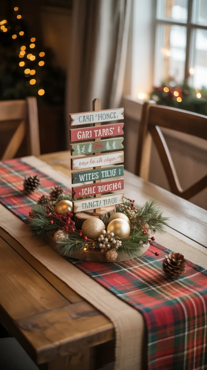 Cozy Rustic Christmas Table with Plaid, Pinecones, and Golden Glow